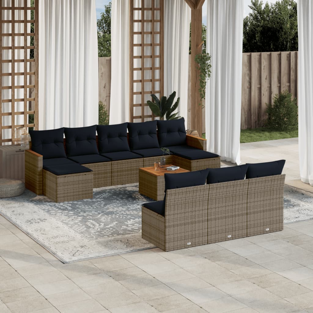 10-teiliges Gartensofa-Set mit Kissen, schwarzes Polyrattan