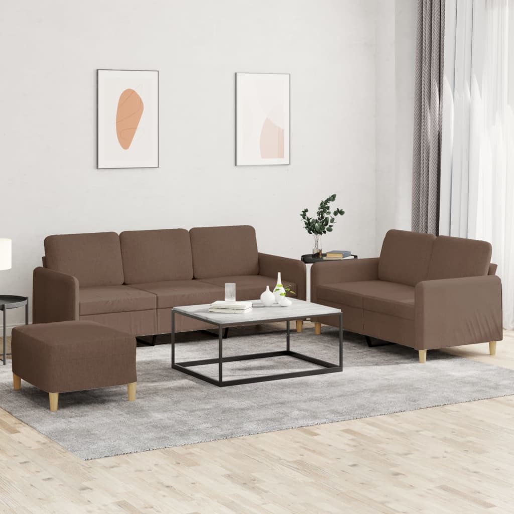 3-tlg. Sofagarnitur mit Kissen Braun Stoff