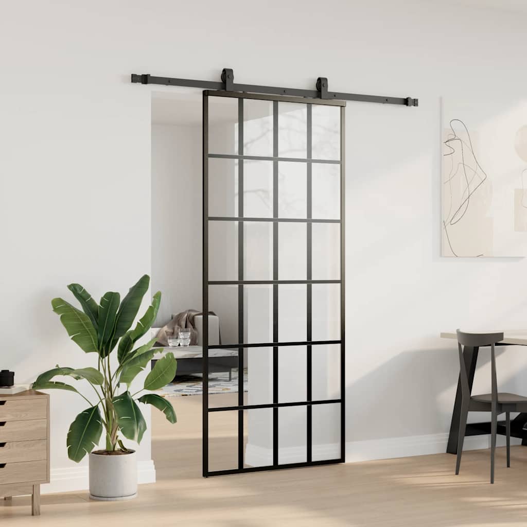 Schiebetür mit Beschlag Schwarz 76x205 cm ESG-Glas