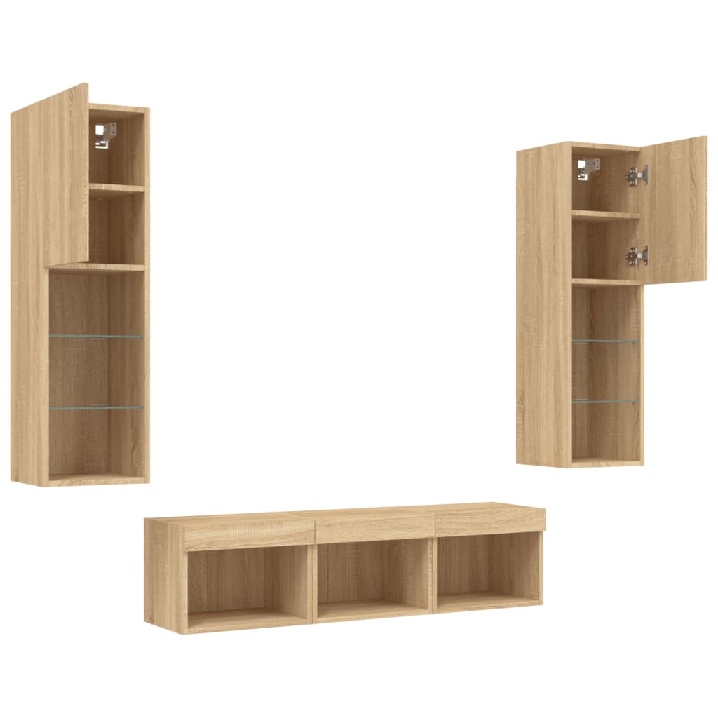 5-tlg. Wohnwand mit LED-Beleuchtung Weiß Holzwerkstoff