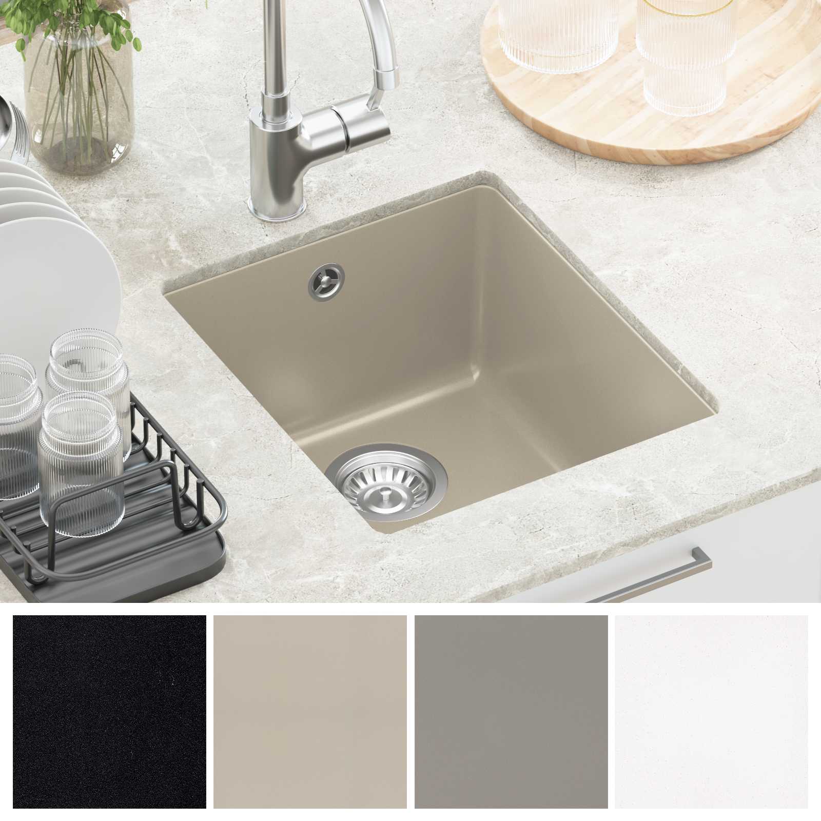 Waschbecken Schwarz 370 x 460 mm 80% Quarz und 20% Harz